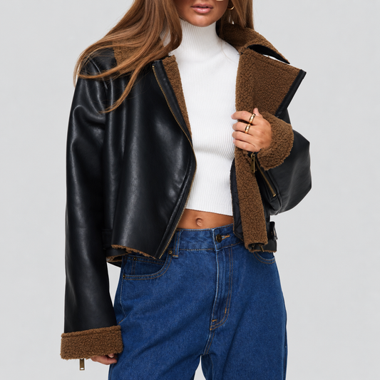 Shearling Trim Faux Leather Jacket