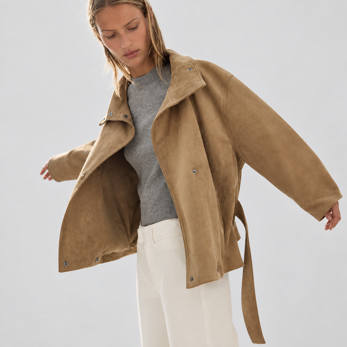 Faux Suede Belted Jacket