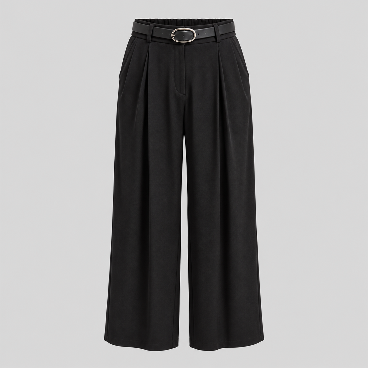 Belted Pleated Straight-Leg Pants
