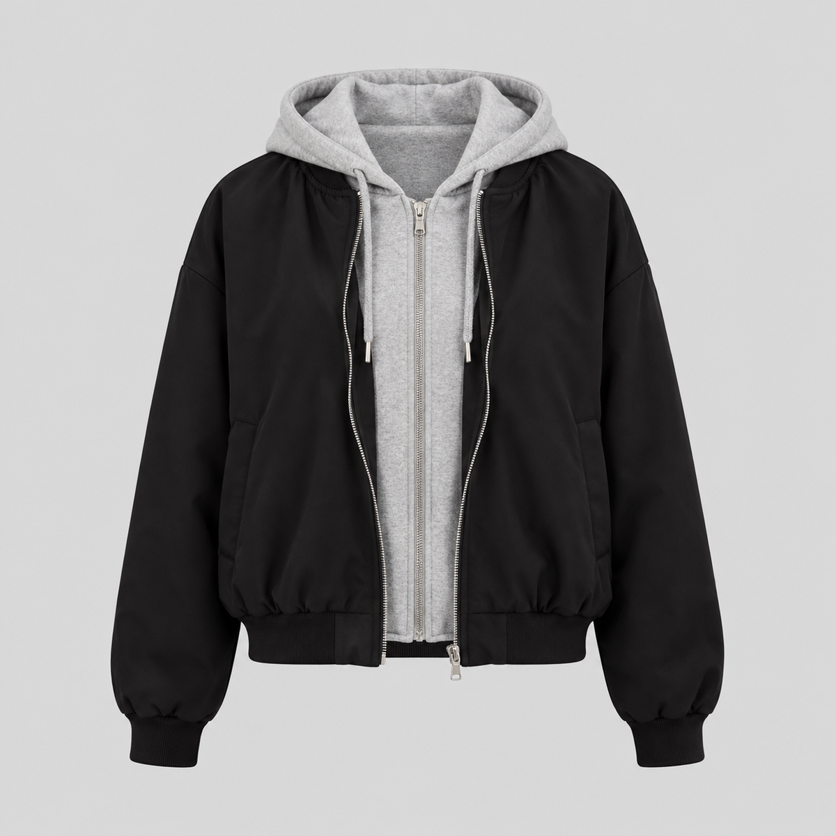 Black Bomber Jacket With Hooded Layer