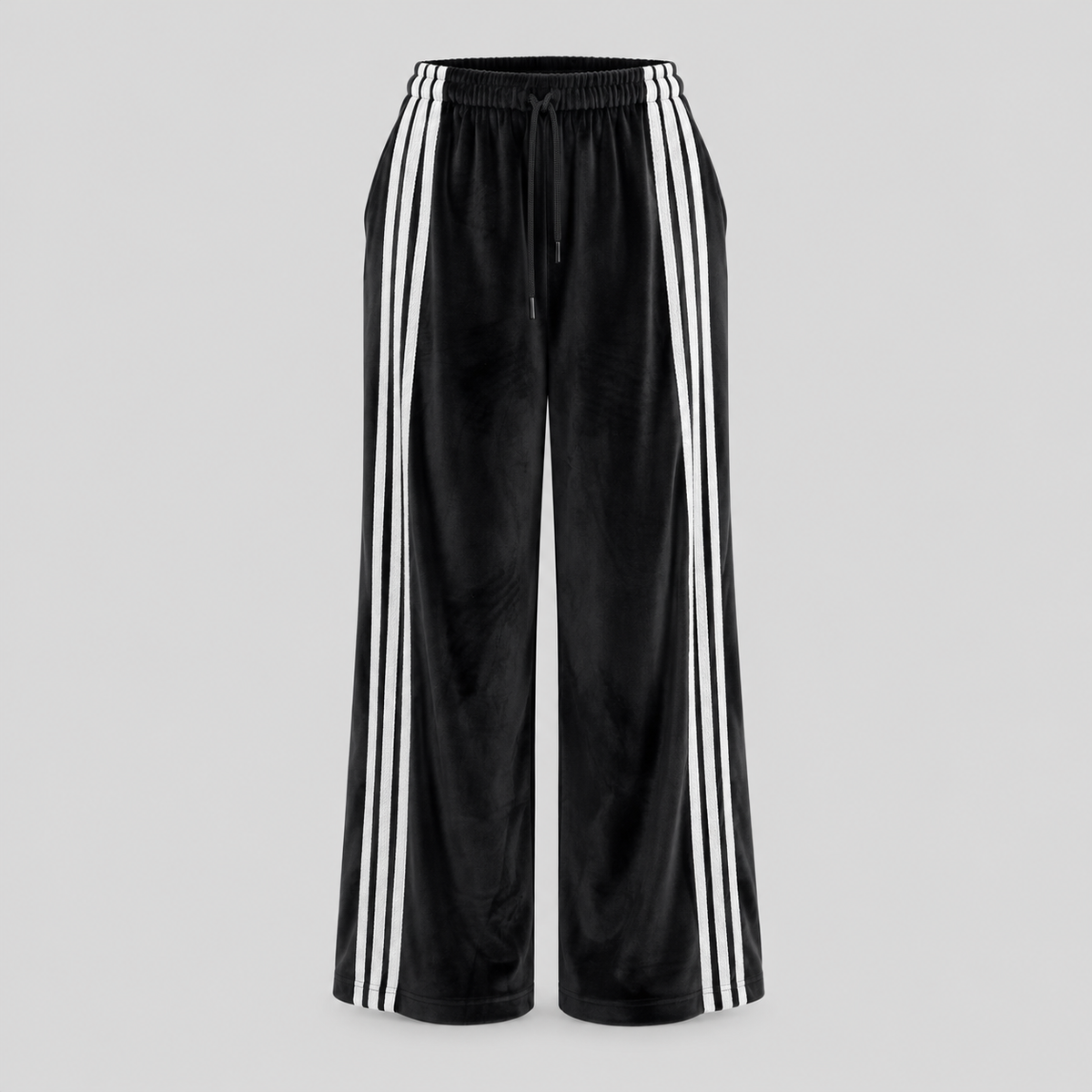 Black Velvet Wide-Leg Pants With Side Stripes