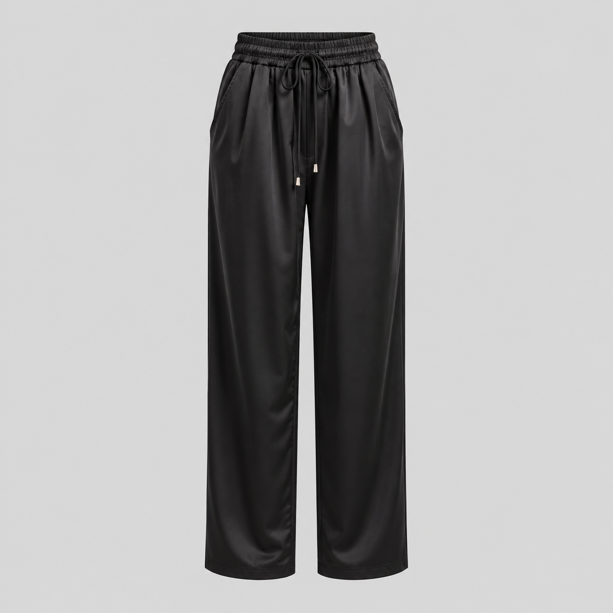 Black Satin Drawstring Straight-Leg Pants