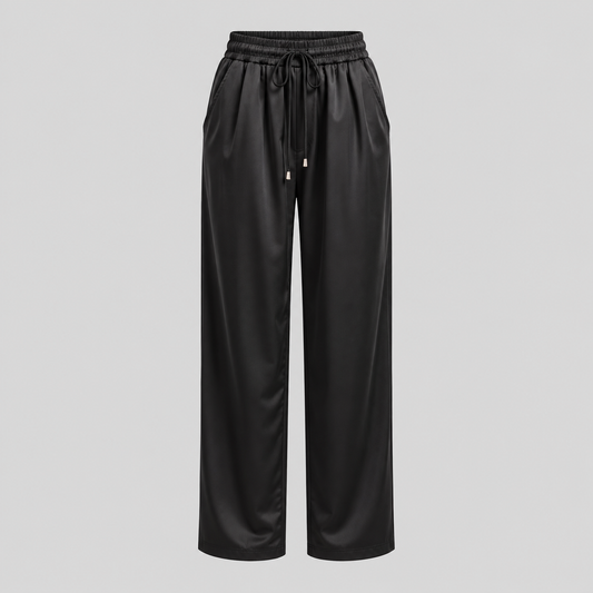 Black Satin Drawstring Straight-Leg Pants