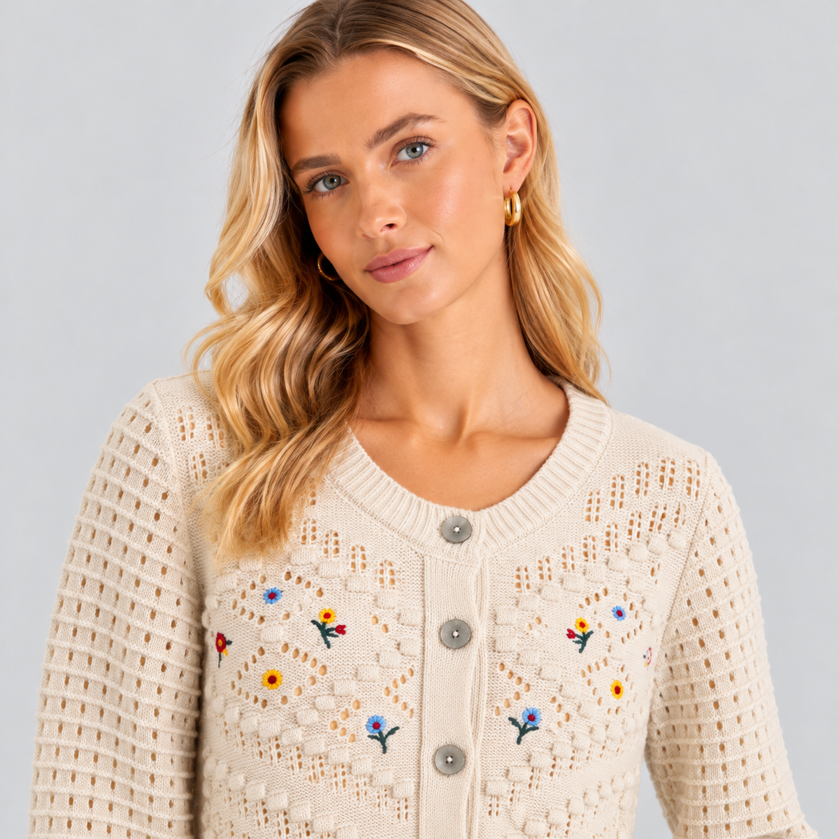 Open-Knit Cardigan With Embroidered Flowers