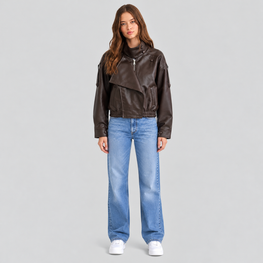 Leather-Look Asymmetric Bomber Jacket