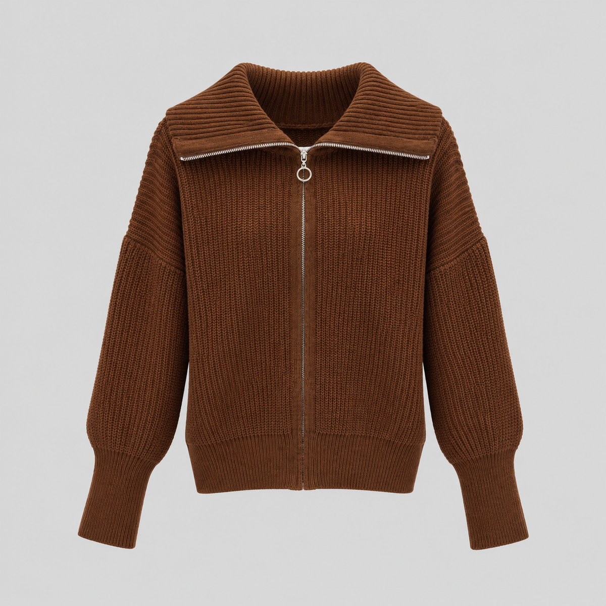 Chunky Knit Zip Cardigan With Wide Collar