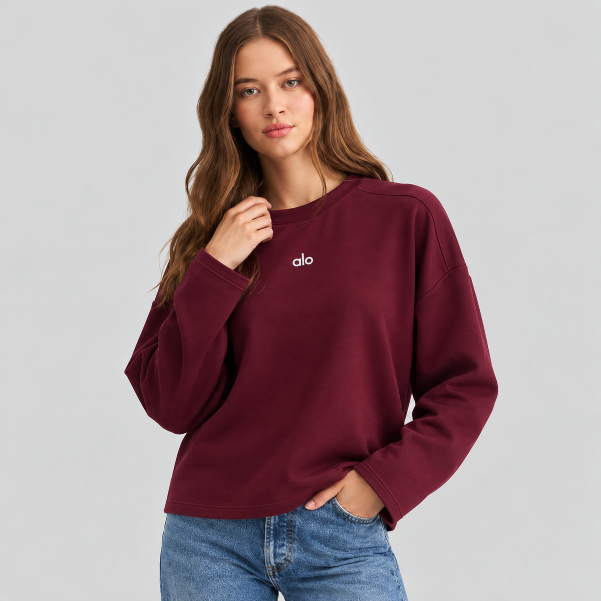 Alo Long-Sleeve Cotton Crew-Neck Top With Chest Logo