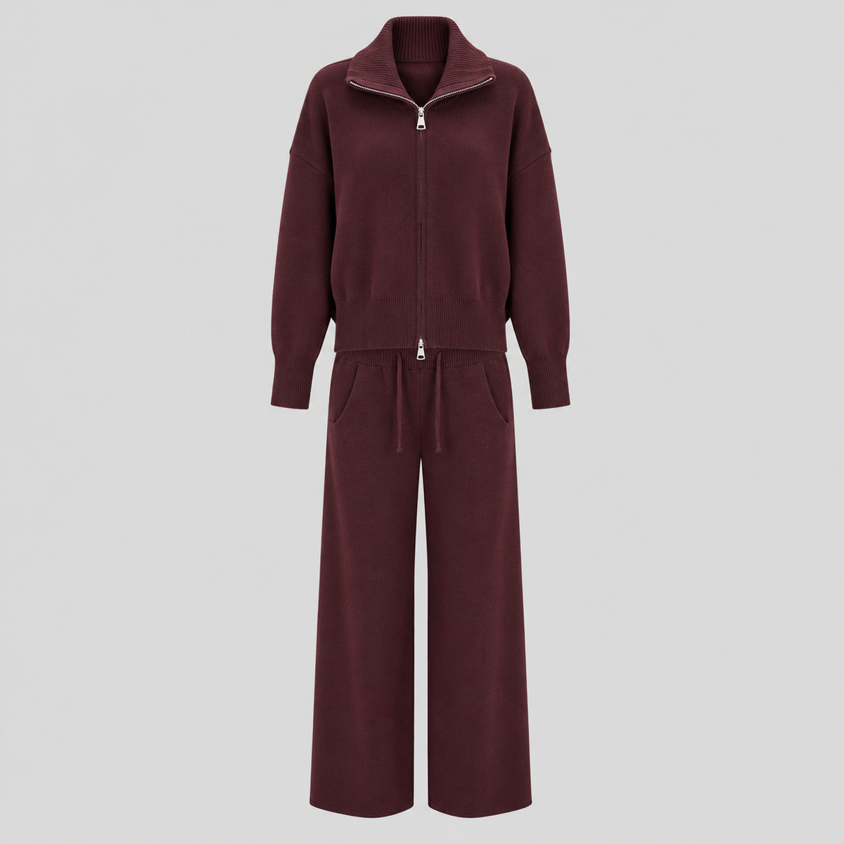 Wool Knit Zip Turtleneck And Pants Set