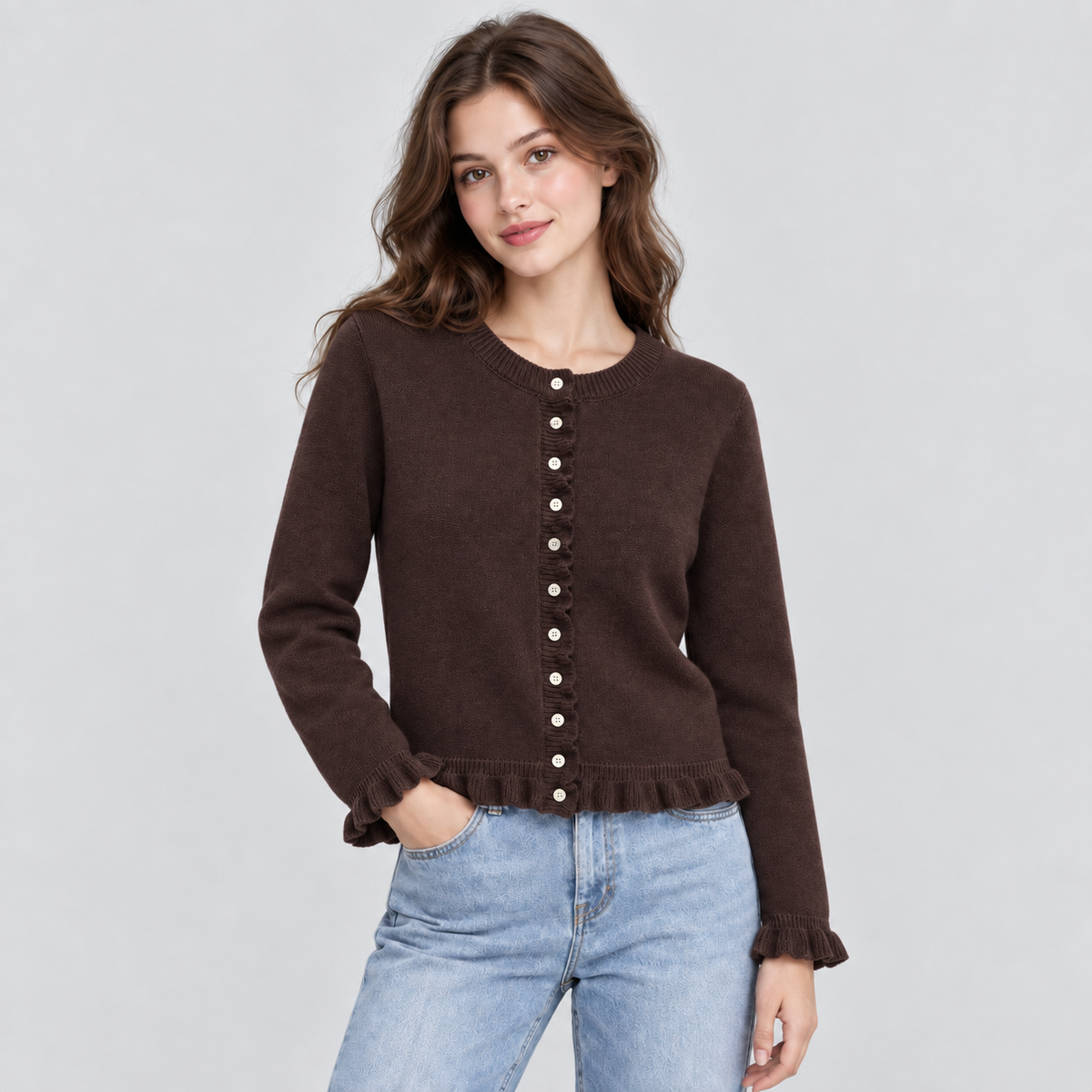 Ruffle Trim Button Down Cardigan