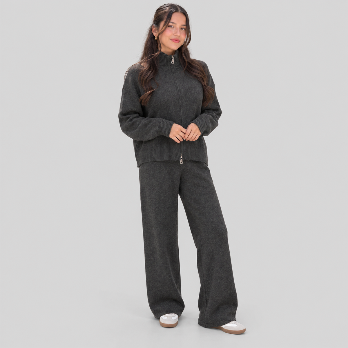 Wool Knit Zip Turtleneck And Pants Set