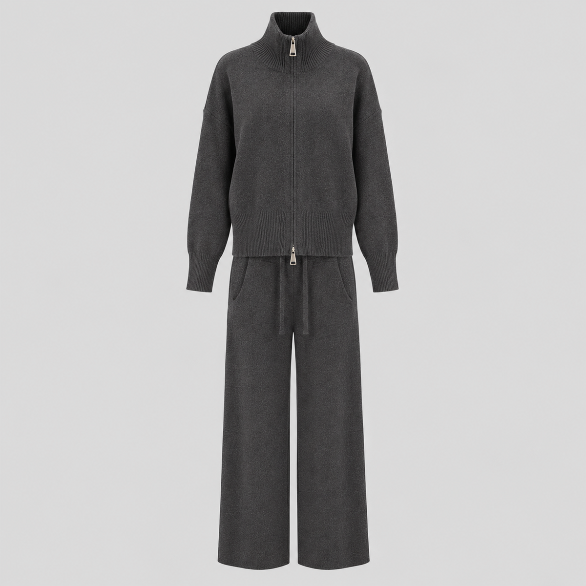 Wool Knit Zip Turtleneck And Pants Set