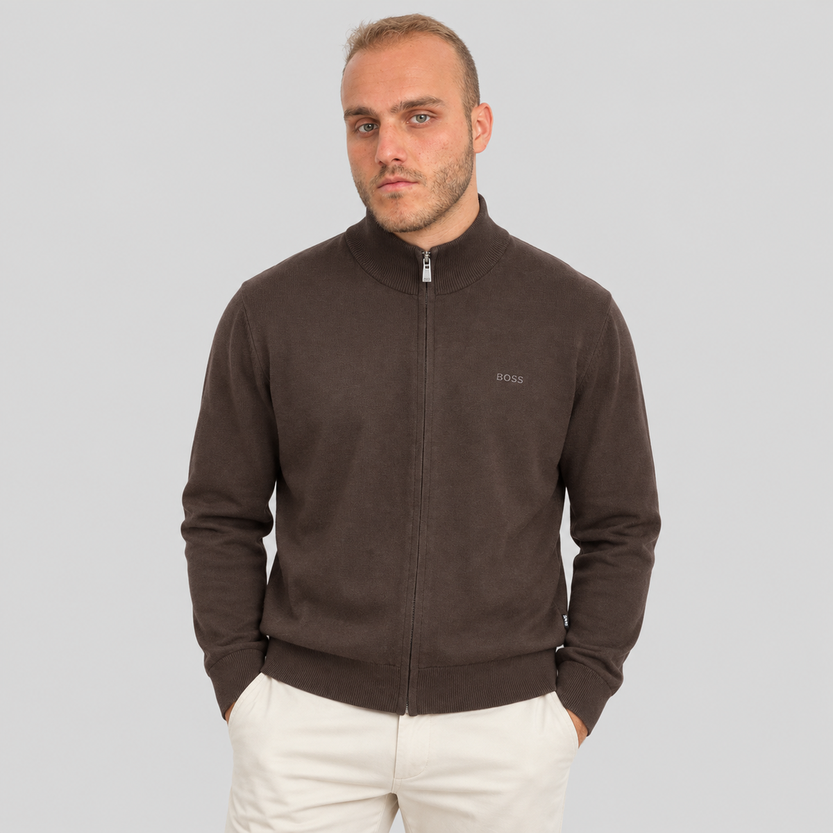 BOSS Knitted Zip-Up Cardigan in Cotton