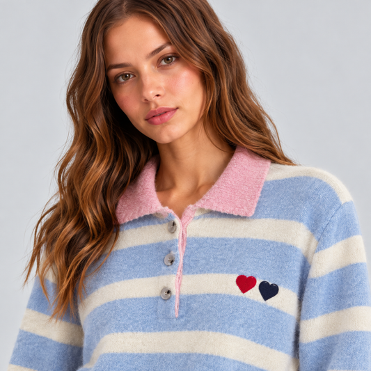 Striped Wool Polo Sweater With Heart Embroidery