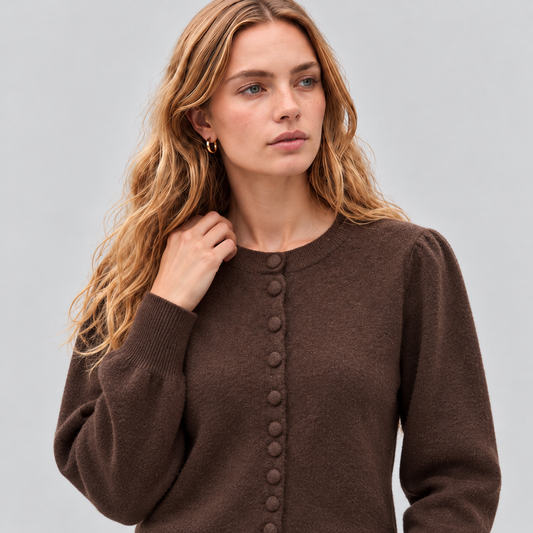 Button-Front Knit Cardigan With Puff Sleeves