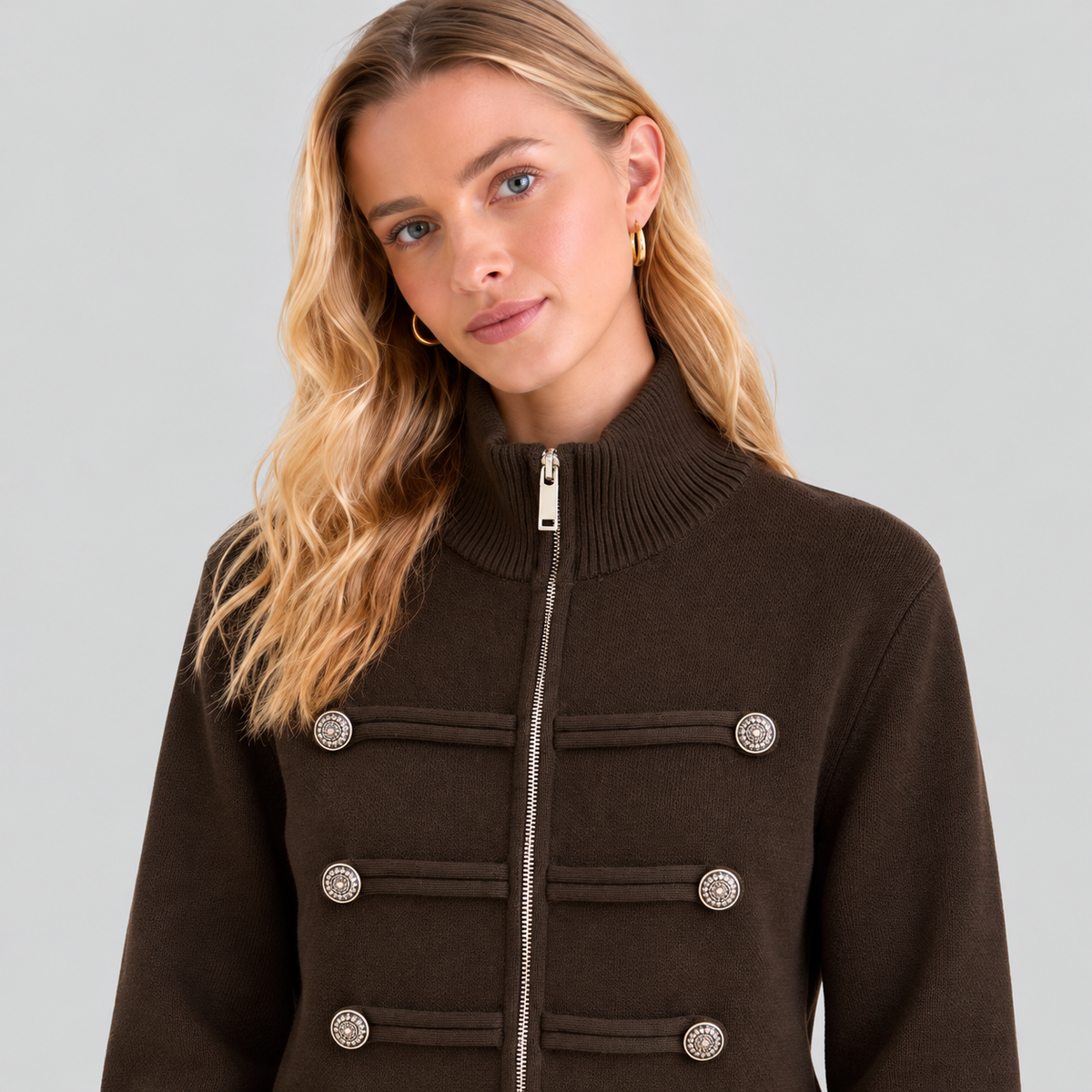 Military-Style Zip Knit Cardigan