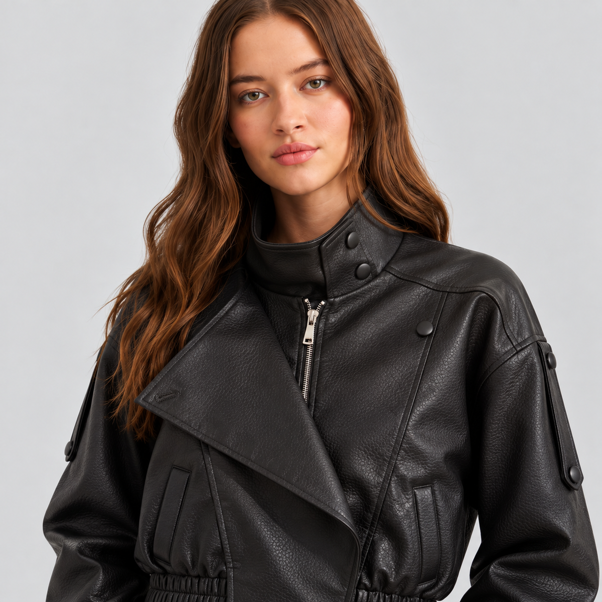 Leather-Look Asymmetric Bomber Jacket