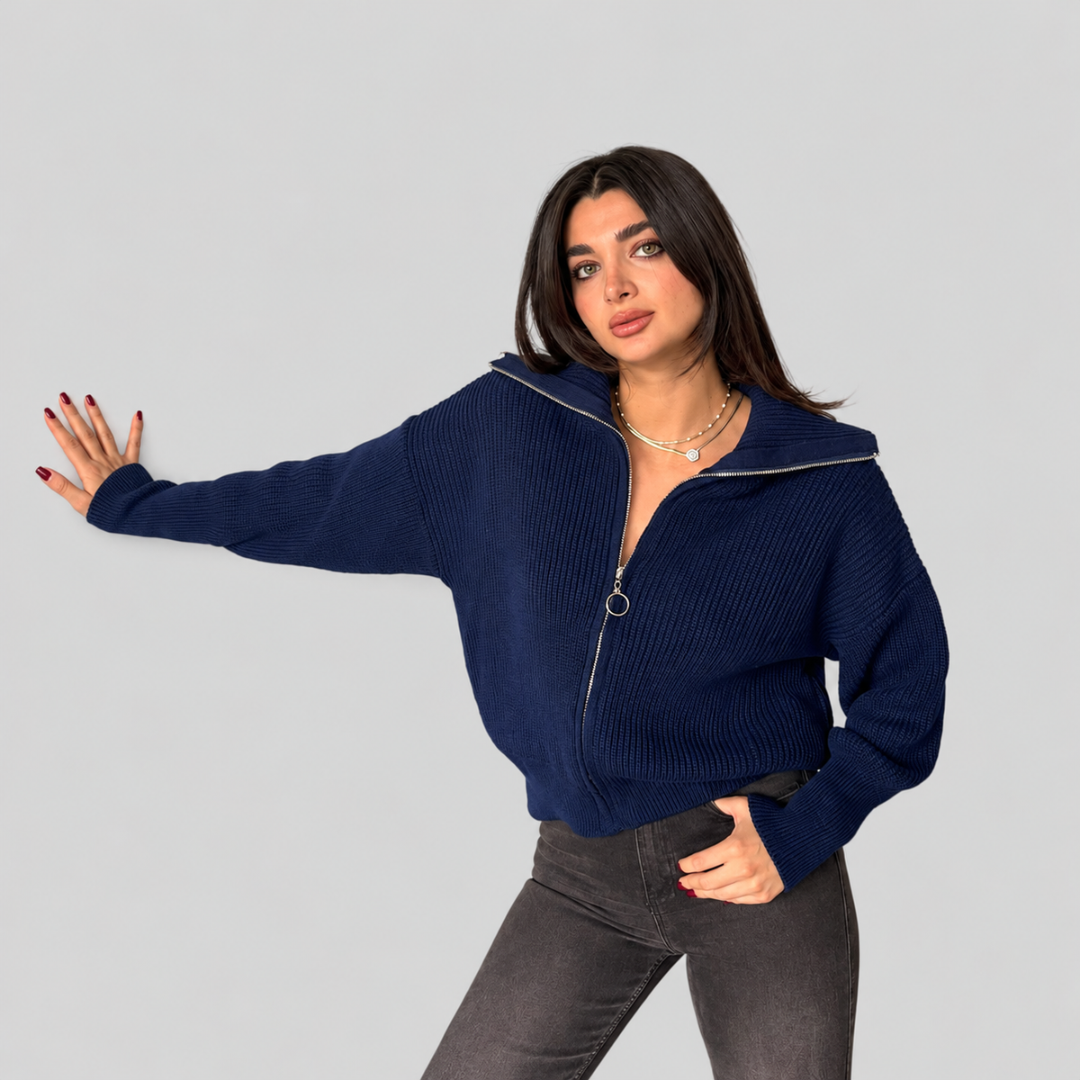 Chunky Knit Zip Cardigan With Wide Collar