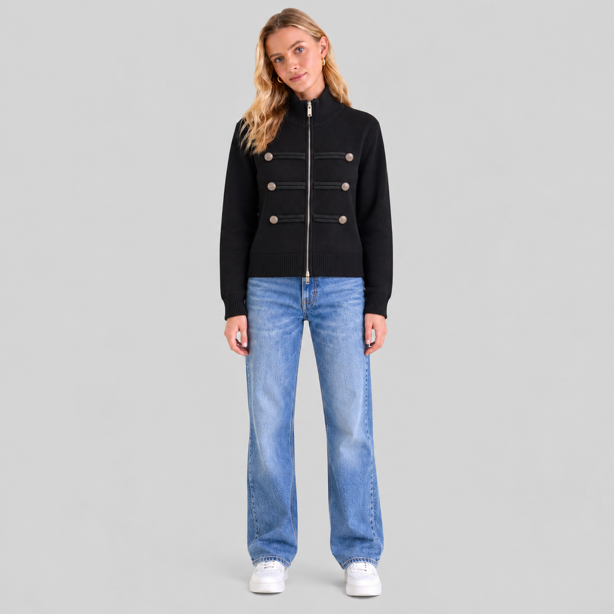 Military-Style Zip Knit Cardigan