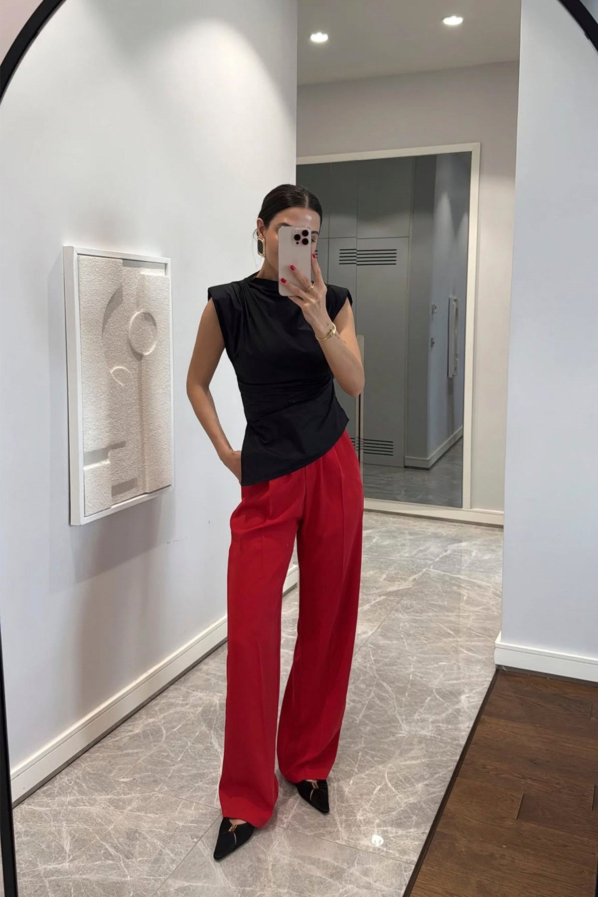 Red Pleated Wide-Leg Pants