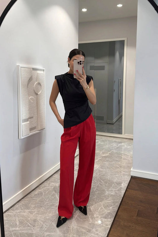 Red Pleated Wide-Leg Pants
