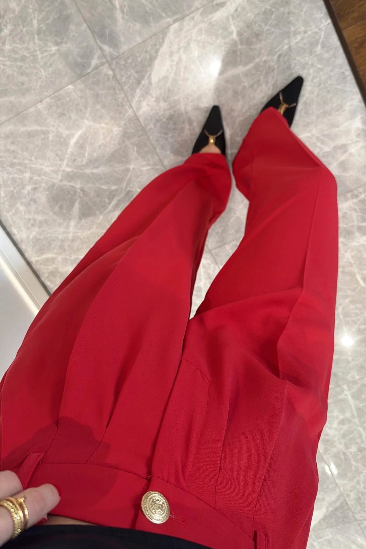 Red Pleated Wide-Leg Pants