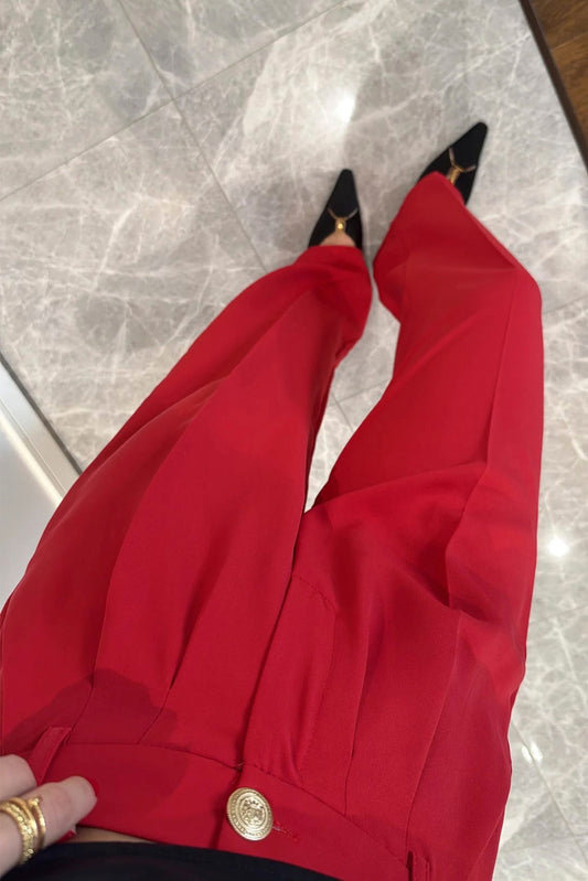 Red Pleated Wide-Leg Pants