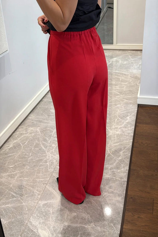 Red Pleated Wide-Leg Pants