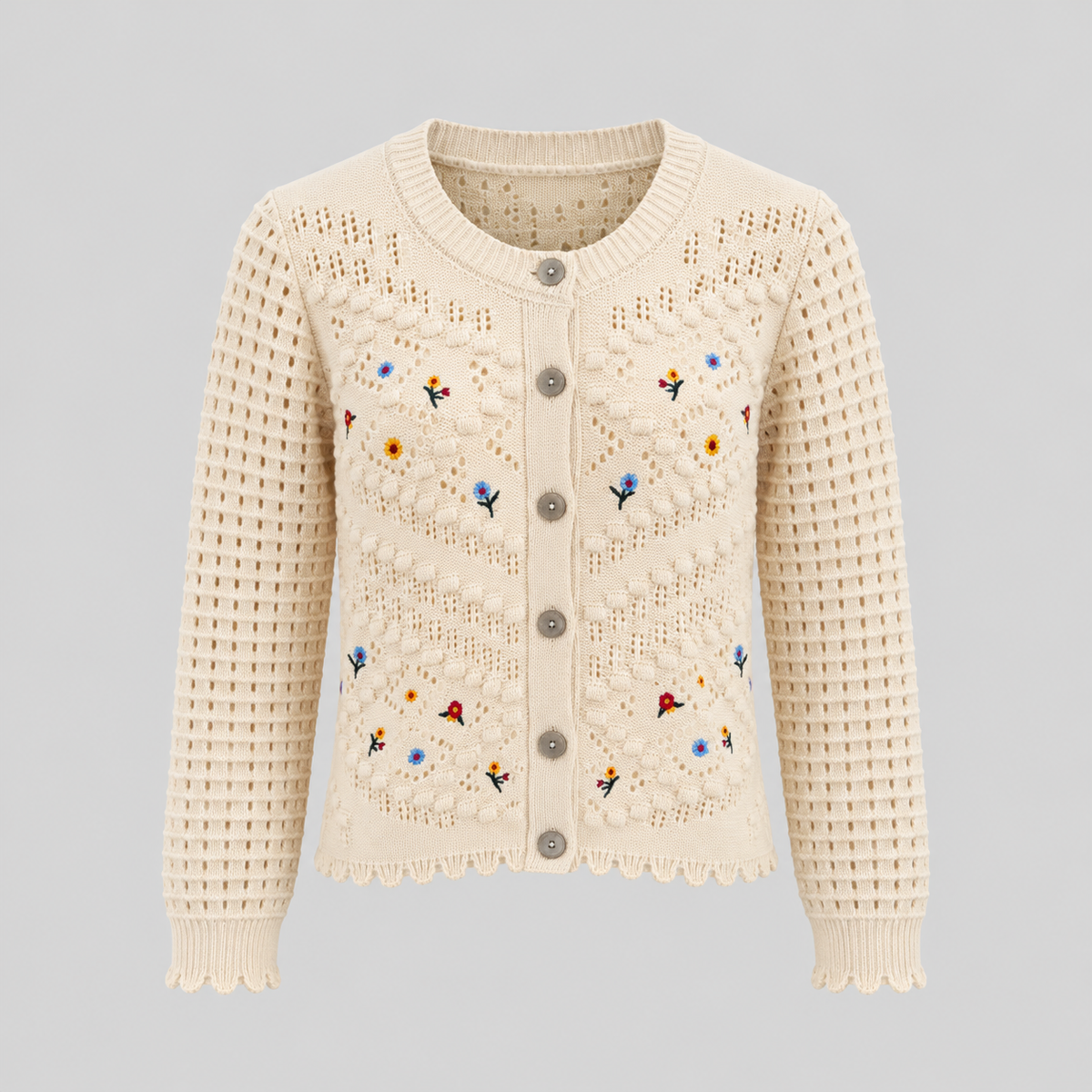 Open-Knit Cardigan With Embroidered Flowers