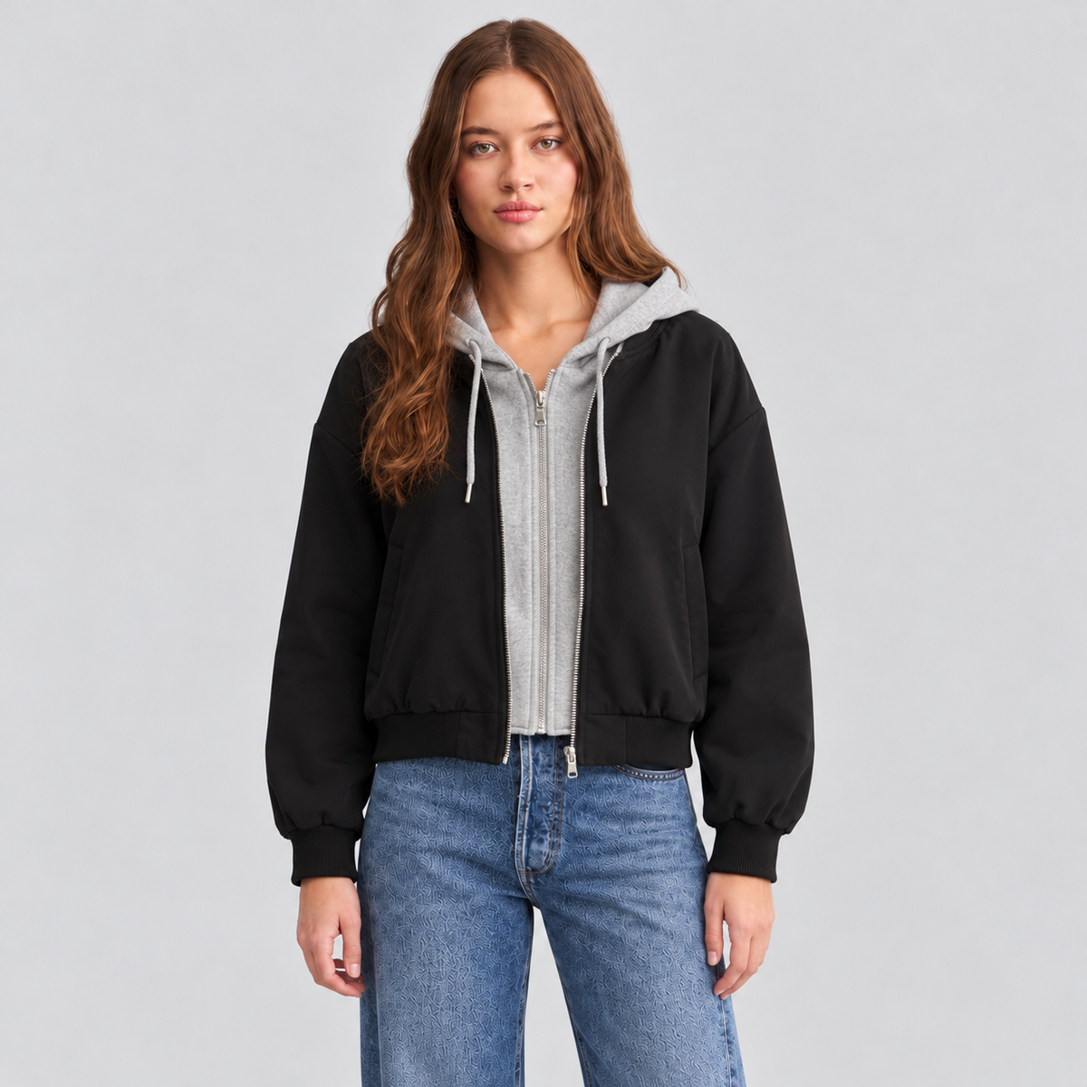 Black Bomber Jacket With Hooded Layer