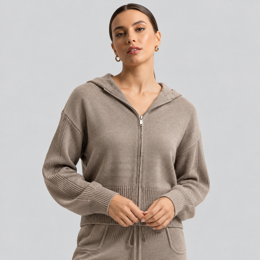 Wool Knit Hooded Zip Cardigan And Pants Set