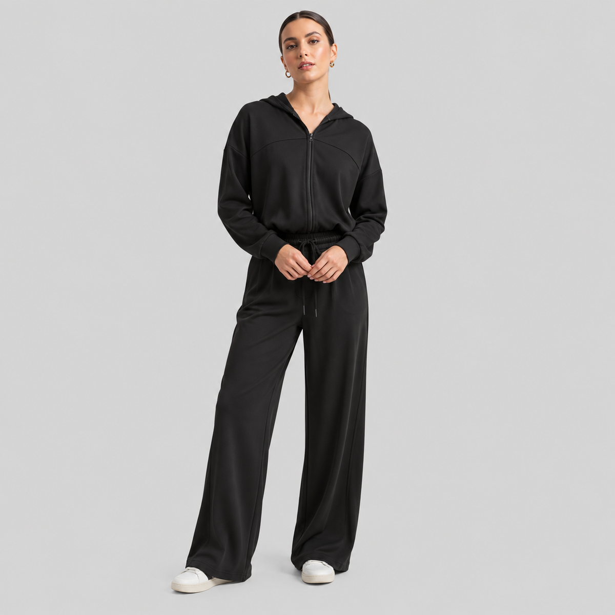 Cotton Zip Hoodie And Wide-Leg Pants Set
