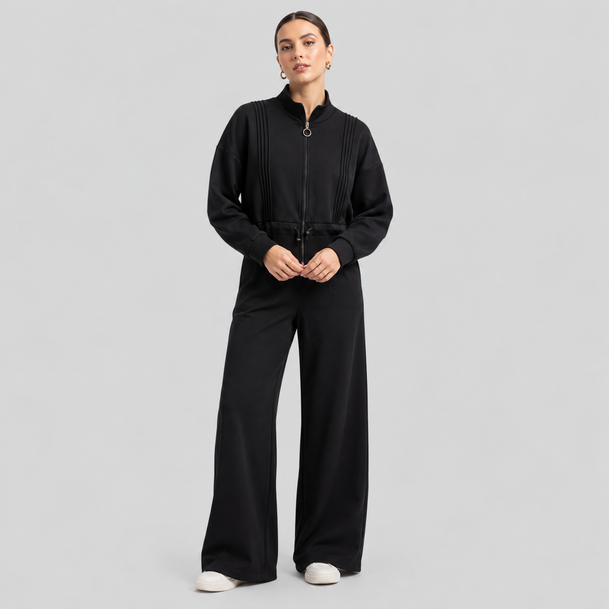 Pintucked Zip Jacket And Wide-Leg Pants Set