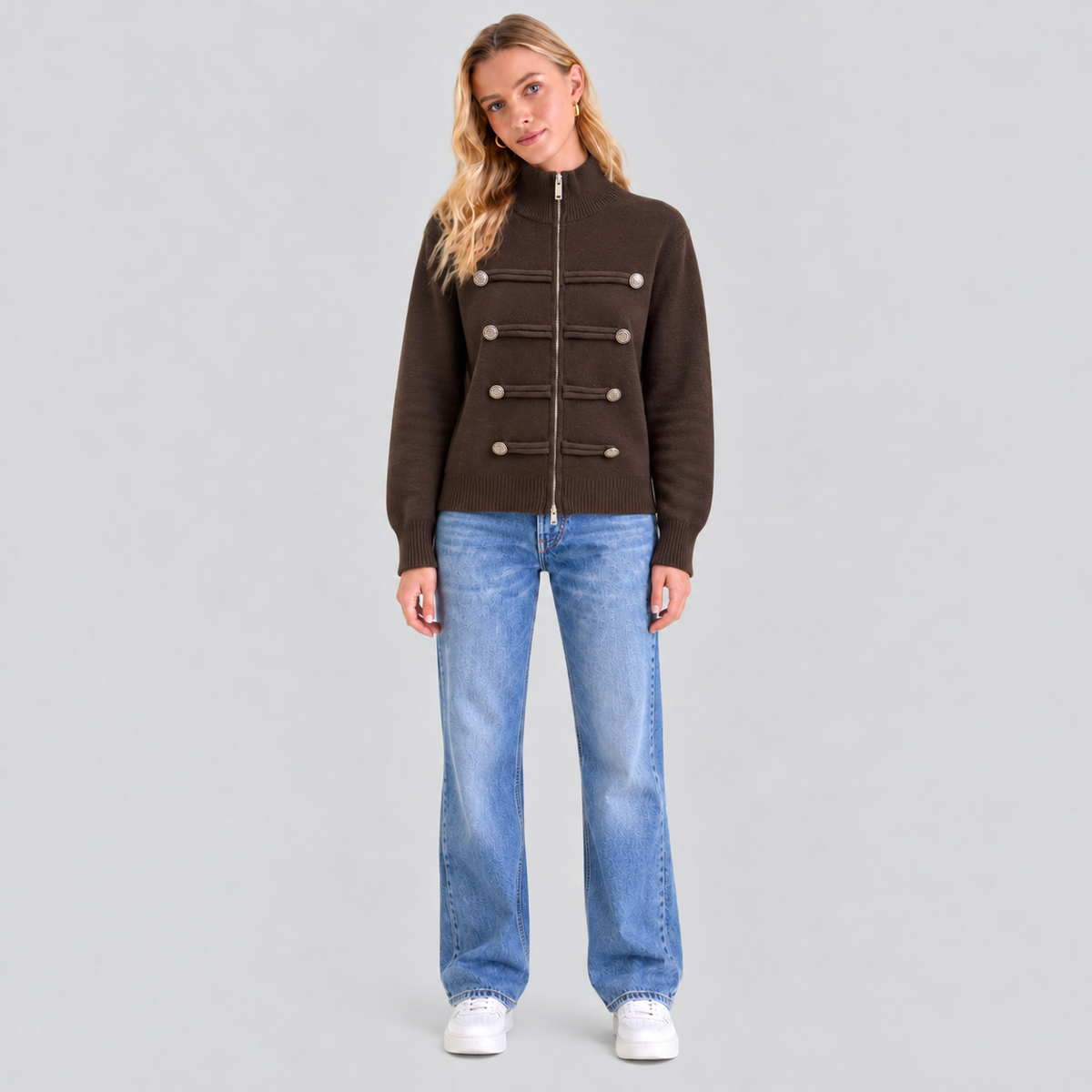 Military-Style Zip Knit Cardigan