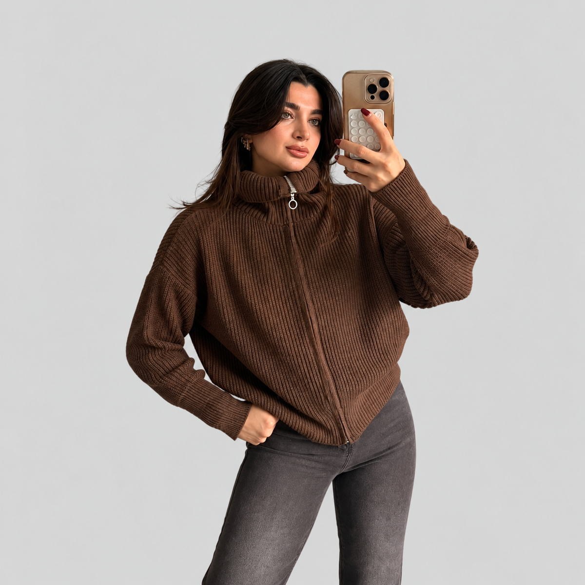 Chunky Knit Zip Cardigan With Wide Collar
