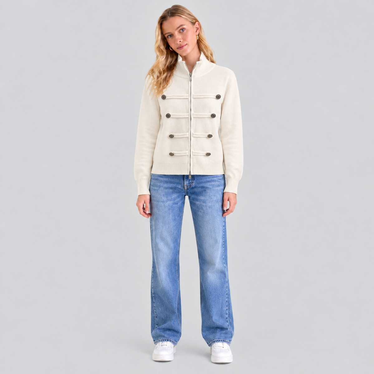 Military-Style Zip Knit Cardigan
