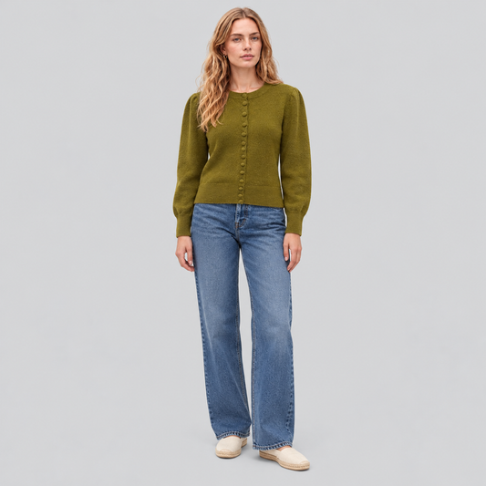 Button-Front Knit Cardigan With Puff Sleeves