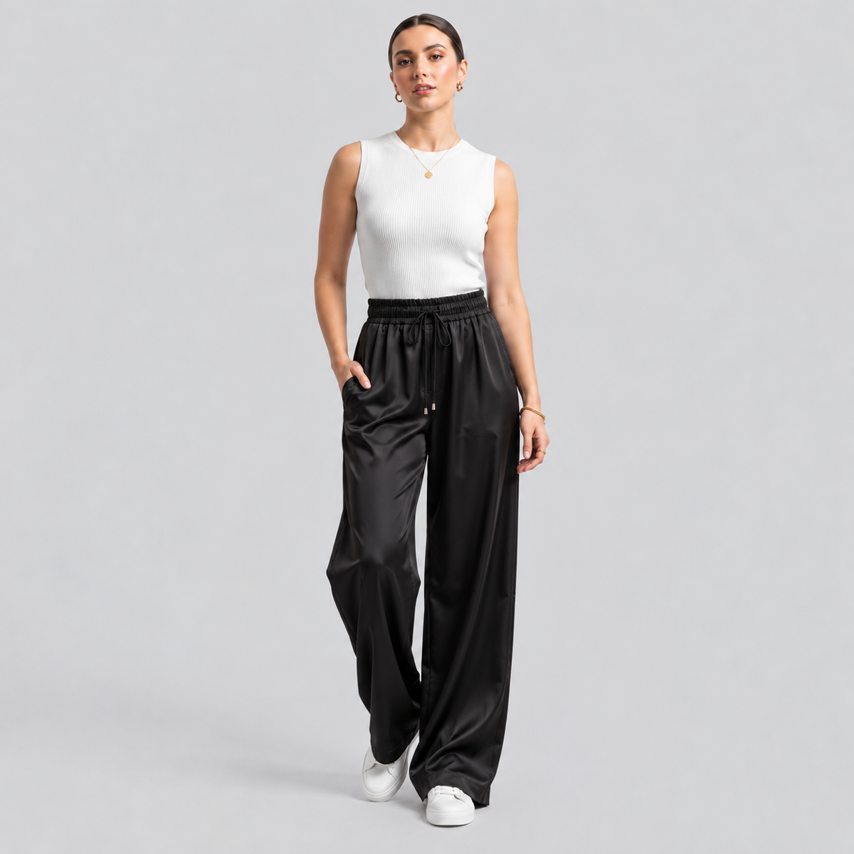 Black Satin Drawstring Straight-Leg Pants