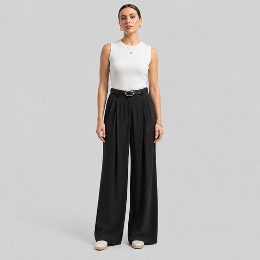 Belted Pleated Straight-Leg Pants