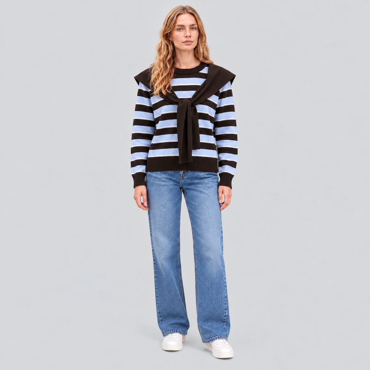 Striped Wool Sweater With Removable Shoulder Cape