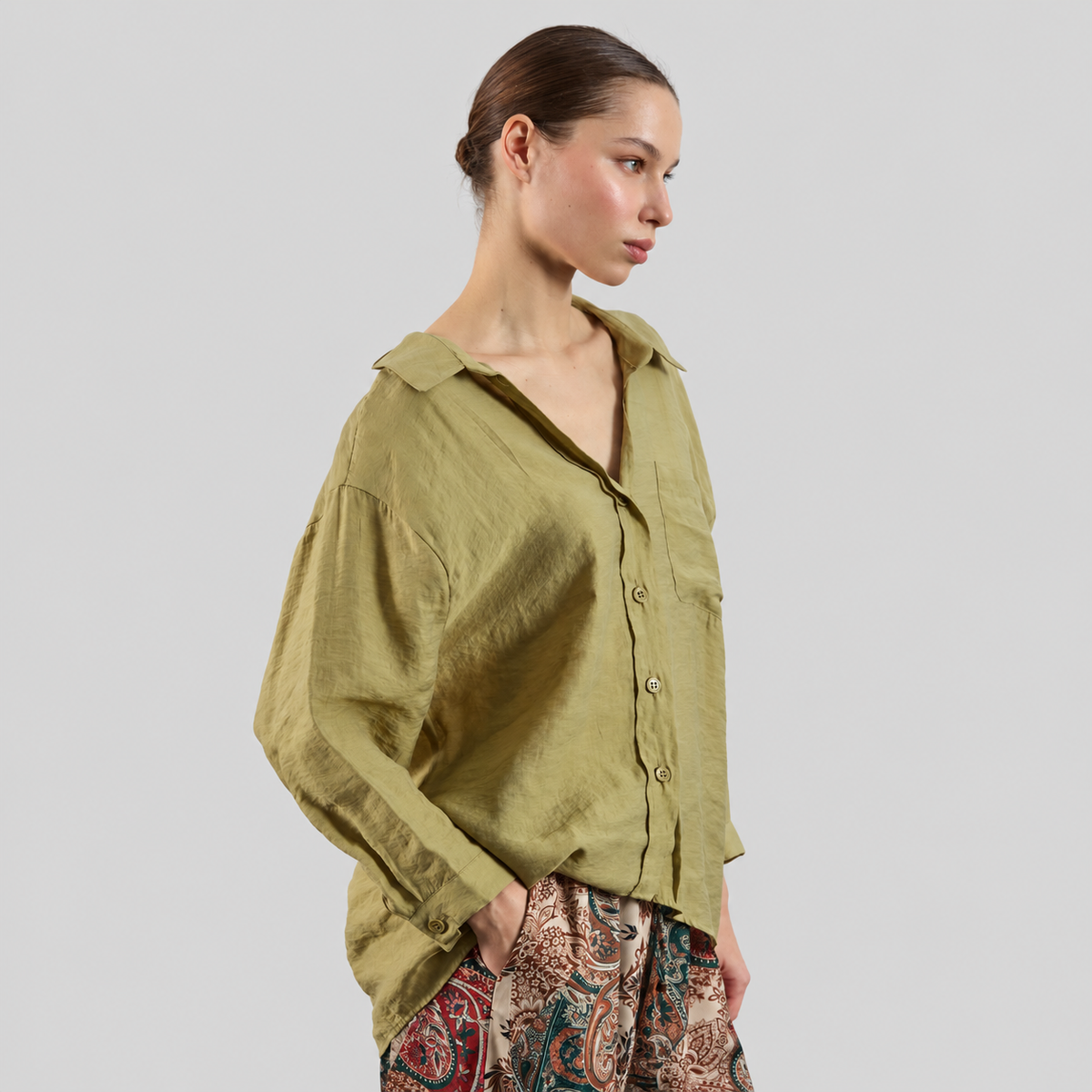 Oversized Button-Up Shirt With Chest Pocket