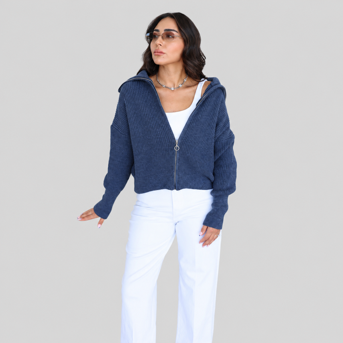 Chunky Knit Zip Cardigan With Wide Collar