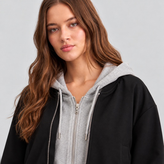Black Bomber Jacket With Hooded Layer