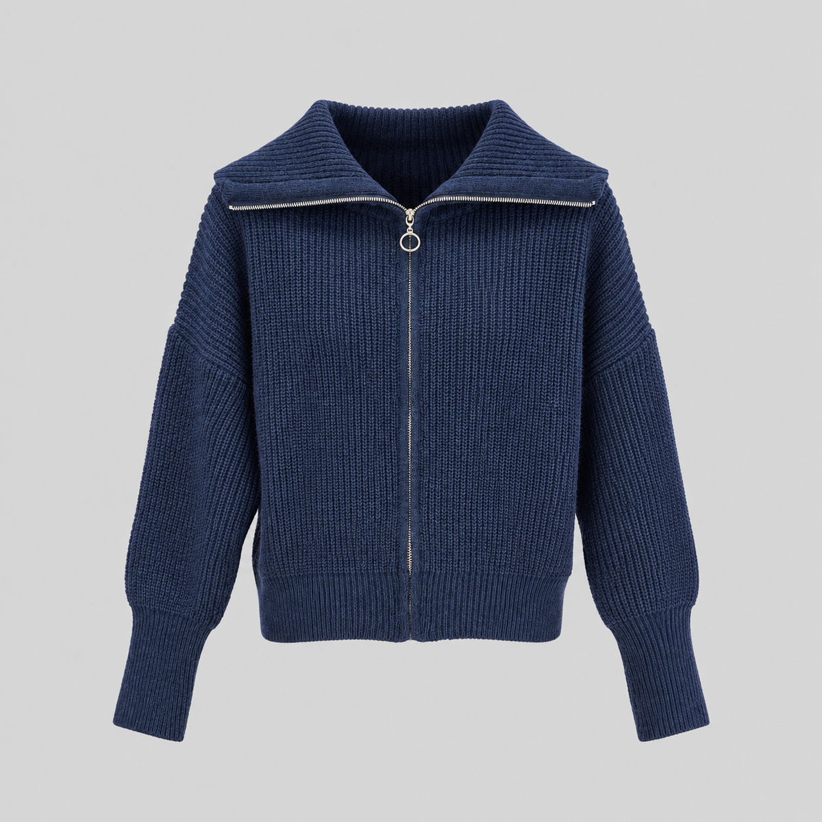 Chunky Knit Zip Cardigan With Wide Collar