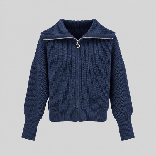 Chunky Knit Zip Cardigan With Wide Collar