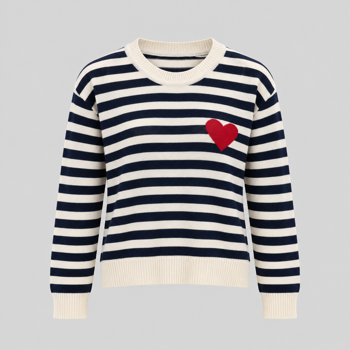 Striped Knit Sweater With Red Heart