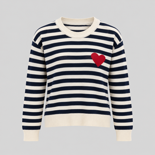 Striped Knit Sweater With Red Heart