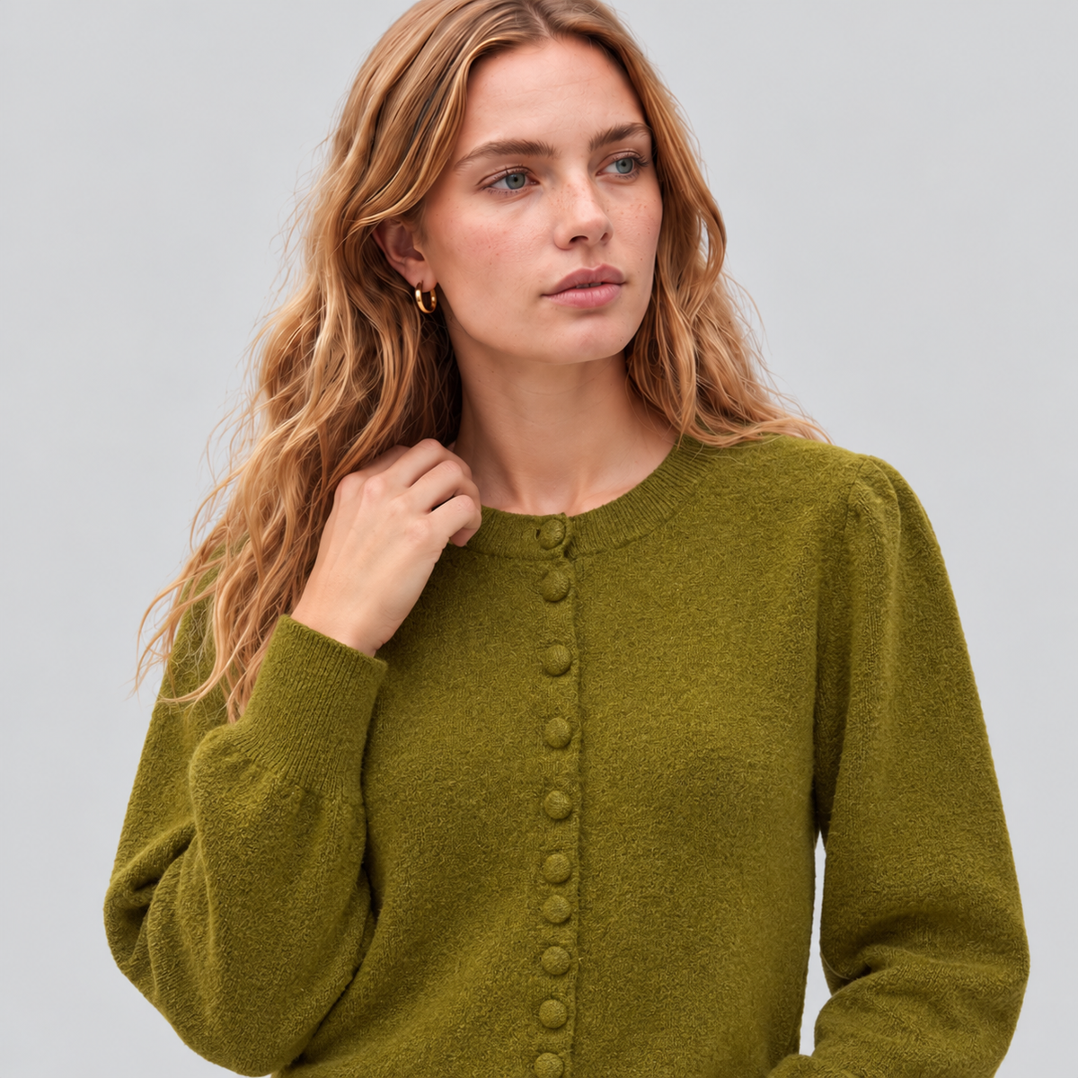 Button-Front Knit Cardigan With Puff Sleeves