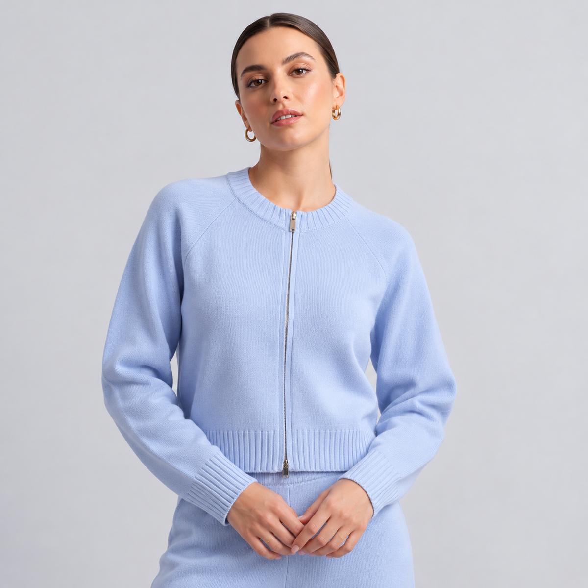 Wool Knit Zip Cardigan And Pants Set