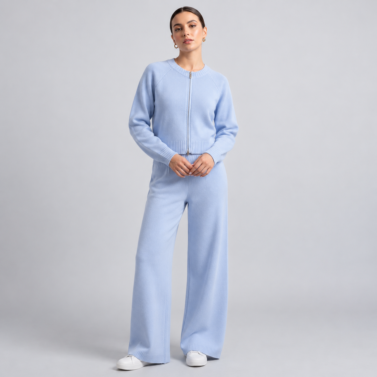 Wool Knit Zip Cardigan And Pants Set
