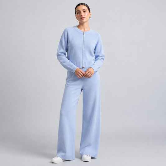 Wool Knit Zip Cardigan And Pants Set
